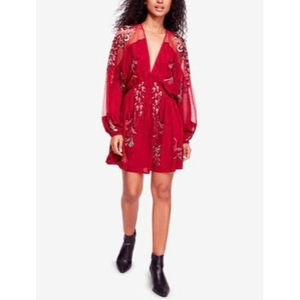 Free People Bonjour Embroidered Floral V-neck Mesh Red Mini Dress Medium